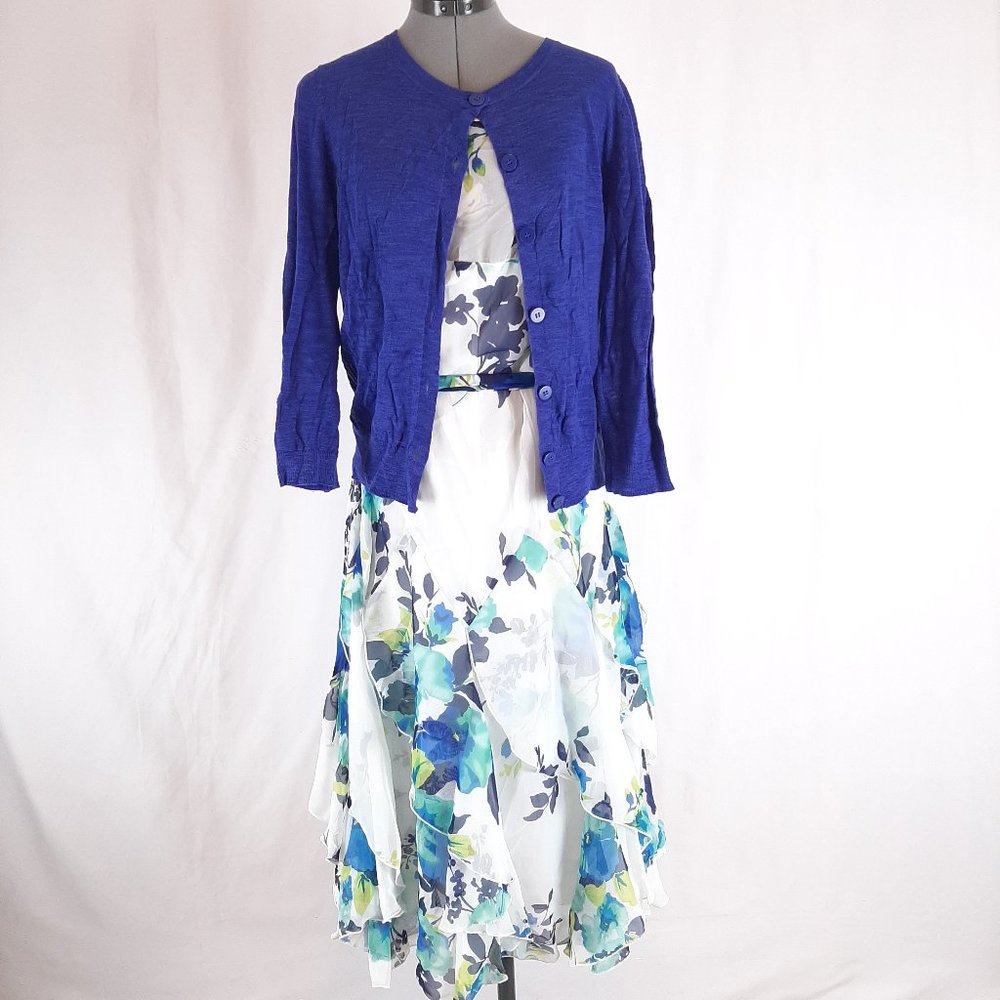 db Floral Dress w/ Blue Cable & Gauge Over Shirt